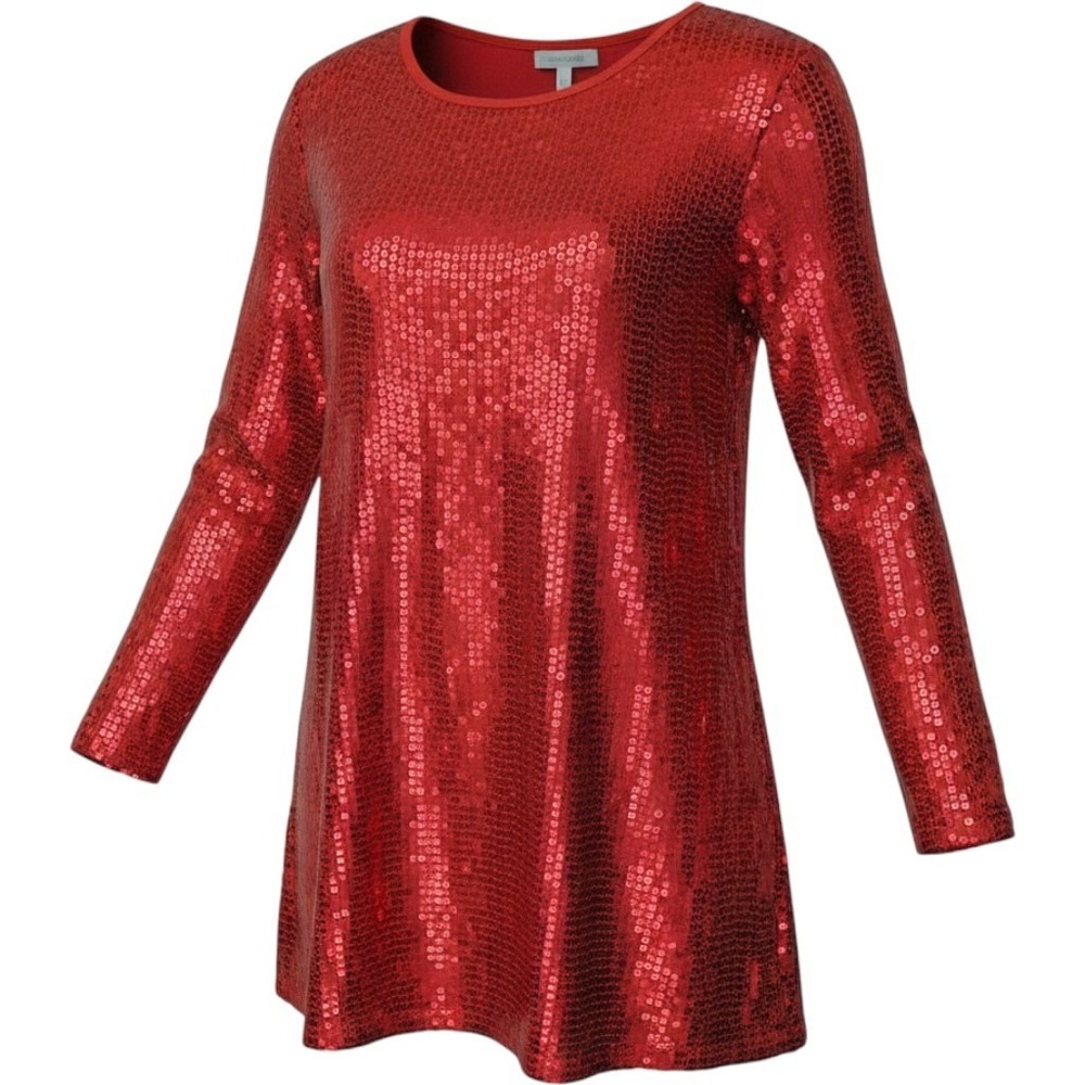 DG2 by Diane Gilman Dress Womens L Red Sequin Knit Long Sleeve